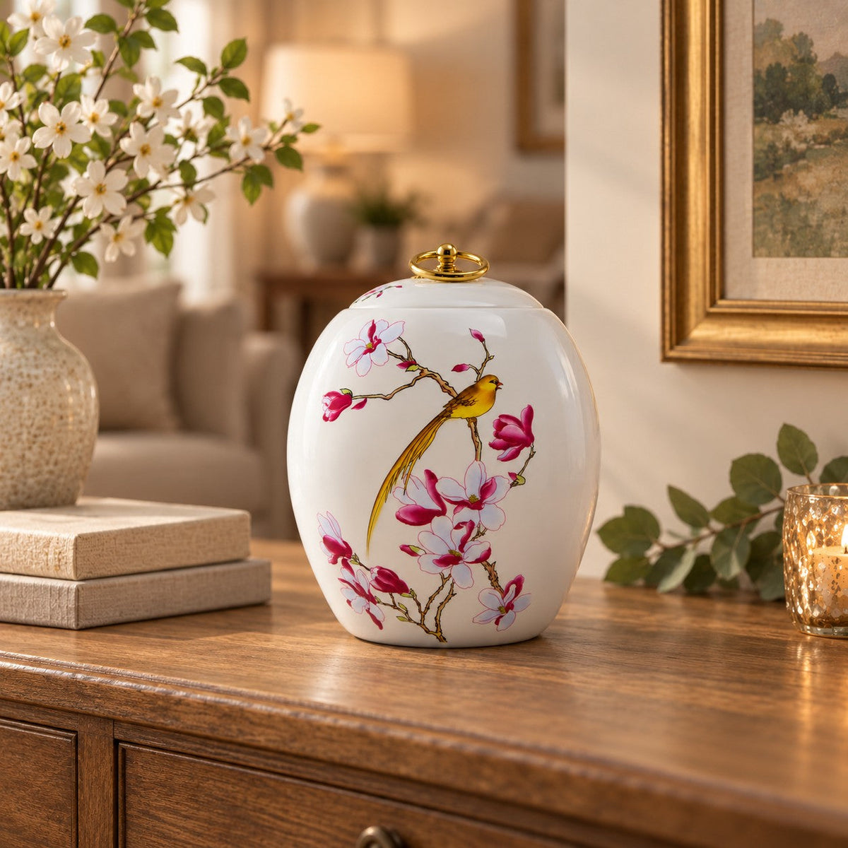 Golden Bird Ceramic Urn - 135 cubic inches