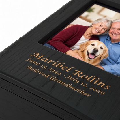 Woodgrain Finish MDF Black Photo Cremation Urn  - 200 cubic inch