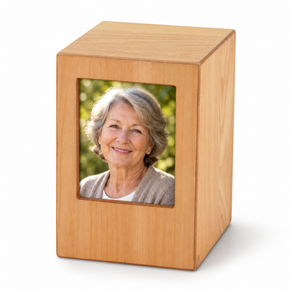 Woodgrain Finish MDF Natural Photo Cremation Urn  - 200 cubic inch