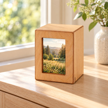 Woodgrain Finish MDF Natural Photo Cremation Urn  - 25 cubic inch