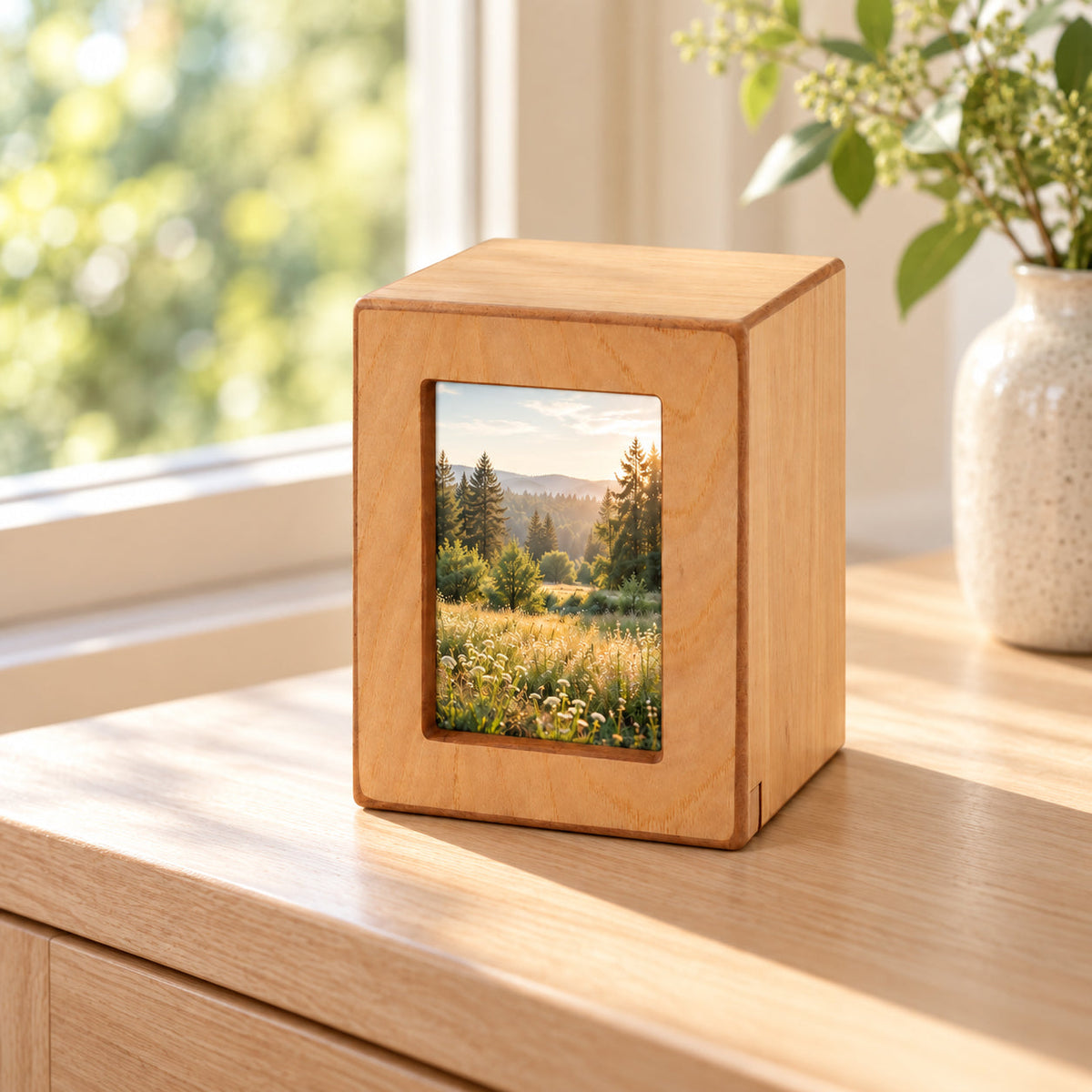 Woodgrain Finish MDF Natural Photo Cremation Urn - 40 cubic inch