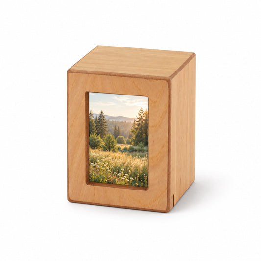 Woodgrain Finish MDF Natural Photo Cremation Urn  - 25 cubic inch