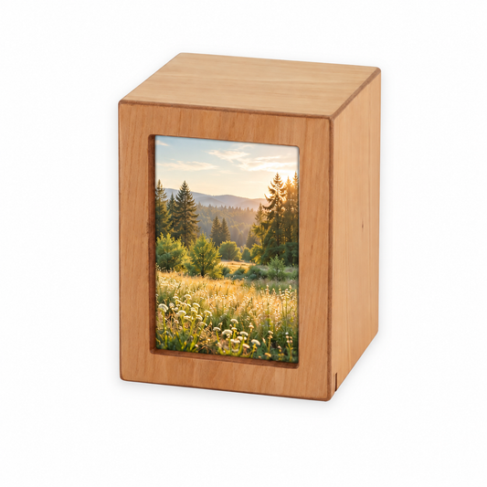 Woodgrain Finish MDF Natural Photo Cremation Urn - 40 cubic inch