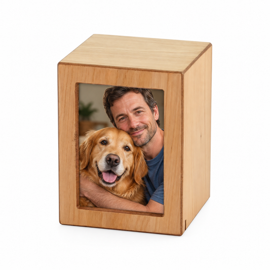 Woodgrain Finish MDF Natural Photo Cremation Urn  - 85 cubic inch