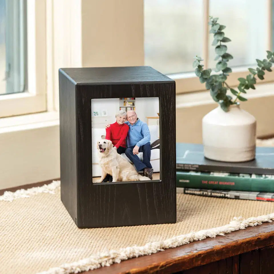 Woodgrain Finish MDF Black Photo Cremation Urn  - 200 cubic inch