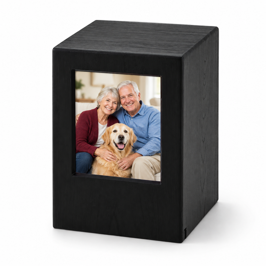 Woodgrain Finish MDF Black Photo Cremation Urn  - 200 cubic inch