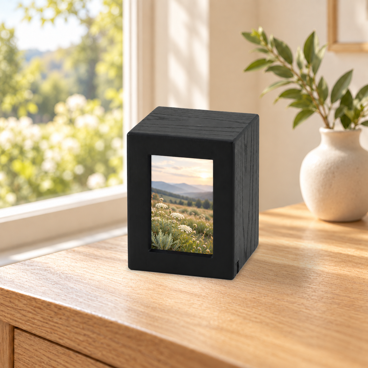 Woodgrain Finish MDF Black Photo Cremation Urn  - 25 cubic inch