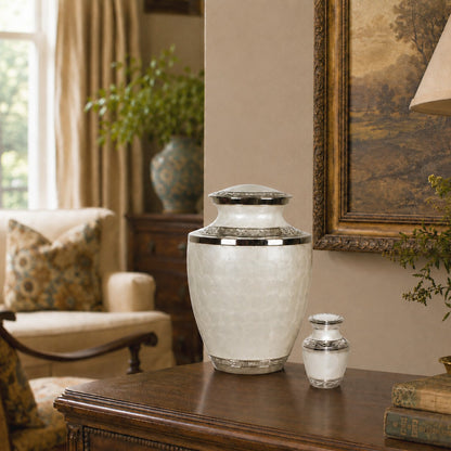 Enamel White Ripple Brass Cremation Urn - Keepsake