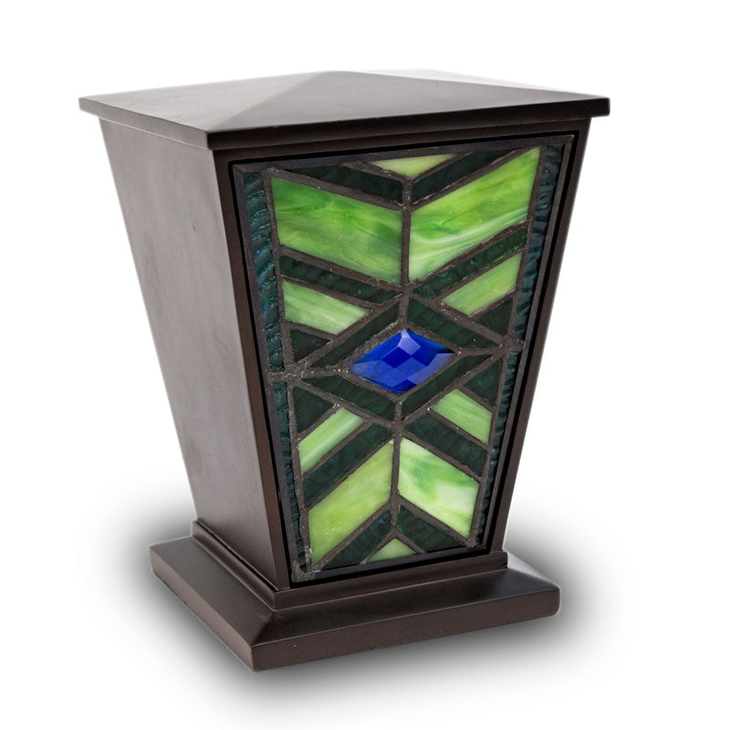 Mission Style Emerald Stained Glass Cremation Urn - 80 cubic inches